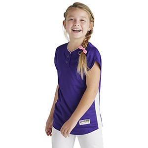 girl wearing purple softball jersey from soffe intensity bulk sports apparel for women and girls