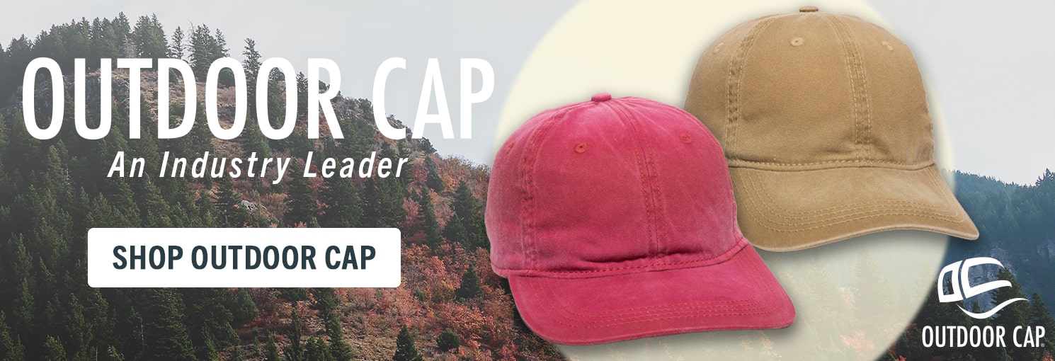 Outdoor cap an industry leader with outdoor cap logo featuring two hats - one red and the other tan. click here to shop hats