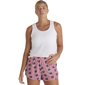 woman wearing american flag ranger panties style 1021mu and white tank top from soffe blank bulk t shirts and apparel