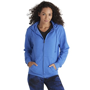 woman wearing blue hoodie hands in pockets style 97300 from delta apparel bulk shirts