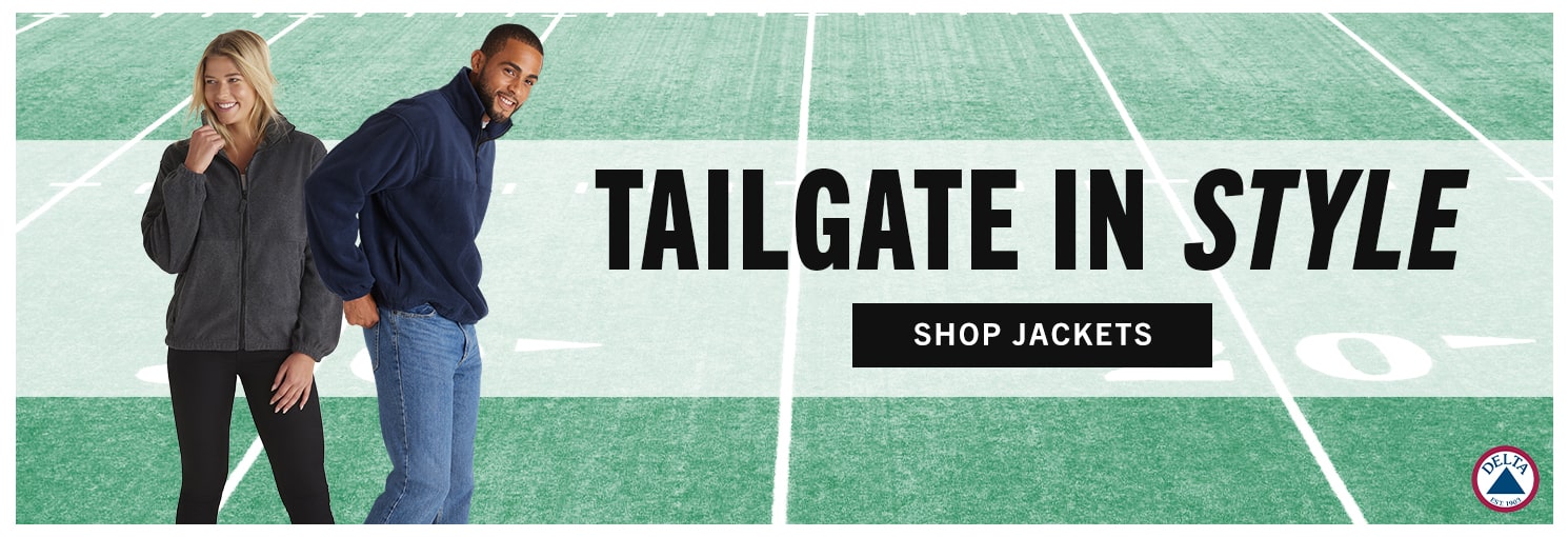 Man and woman wearing delta jackets in front of a football field. Banner reads Tailgate in Style. Click here to shop