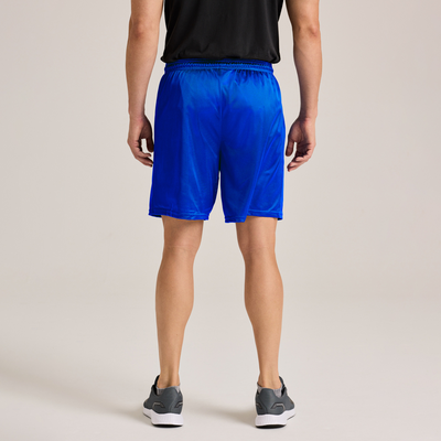 man facing back in a shortsleeve tshirt and blue mesh shorts 060M