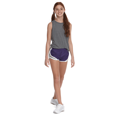 girl facing front in a grey tank top and purple and grey running shorts