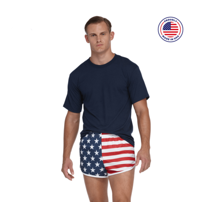 man facing front in a black t shirt and american flag printed running shorts