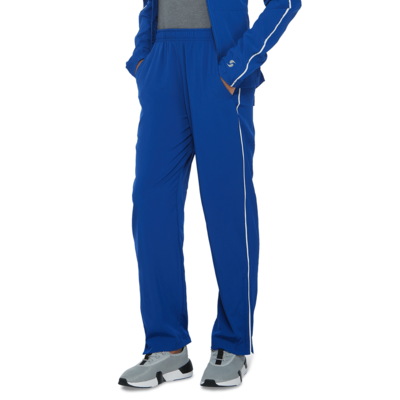 young kids legs angled front wearing blue warmup pants and grey running shoes