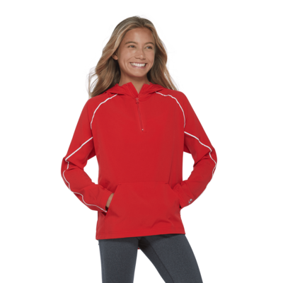 young girl facing front wearing a red quarter zipper warmup jacket