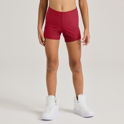 girl facing front  red compression shorts close up on shorts