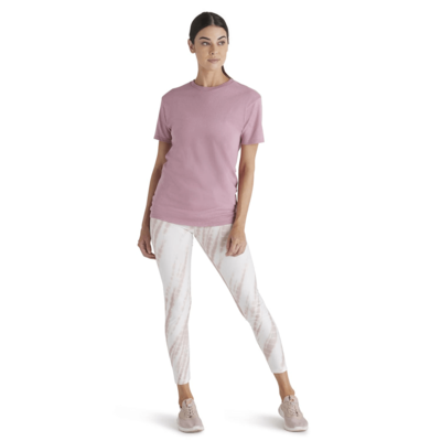 woman wearing delta style 11730 pro weight wholesale blank tee shirt in pink color