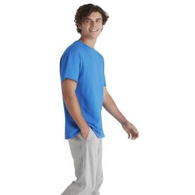 man wearing wholesale blank blue tee shirt delta apparel pro weight style 11730