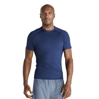 man facing front wearing a navy fitted short sleeve tshirt