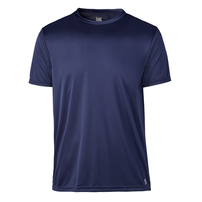 man angled to the front in a navy blue short sleeve tshirt