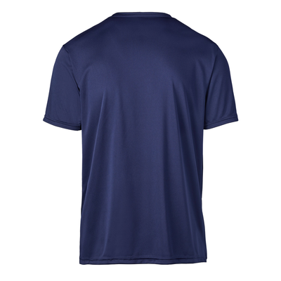 man angled to the front in a navy blue short sleeve tshirt
