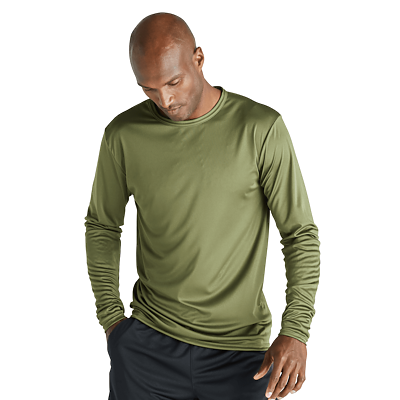 man facing forward looking down wearing a green long sleeve tshirt