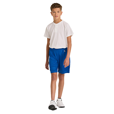 boy facing forward wearing white tshirt and blue performance shorts 1540B