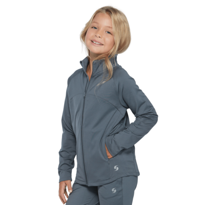 girl angled front wearing a matching grey full zipper jacket and pants