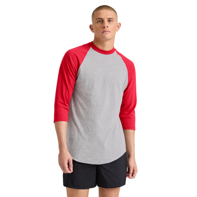 man facing front wearing a grey and red baseball tees for men