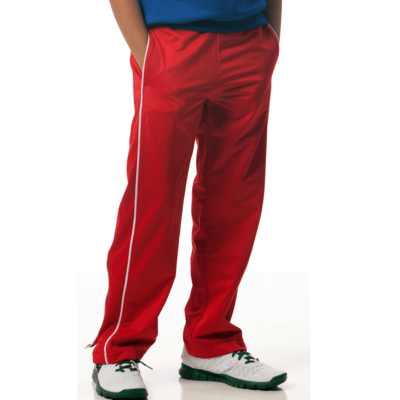 boy wearing red warmup pants with white piping on the legs