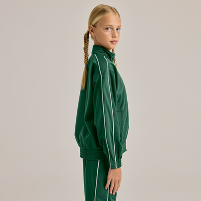 girl wearing green warm up jacket with white stripes 3265Y
