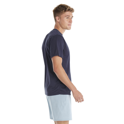 man standing sideways wearing Delta DRItech™ Adult Performance Short Sleeve blank wholesale T-Shirt athletic navy color style 38000