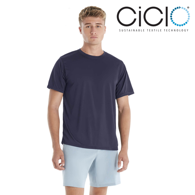 man wearing Delta DRItech™ Adult Performance Short Sleeve blank wholesale T-Shirt athletic navy color style 38000