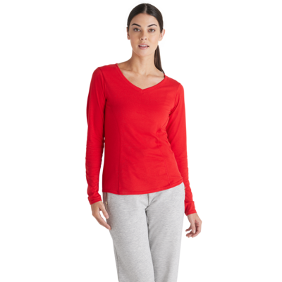 Woman facing forward wearing 56535L Delta Blank tee shirts in red