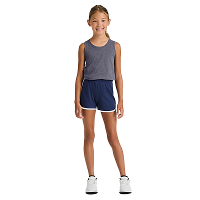 girl facing front wearing a grey tank top and navy shorts with white piping 5707G