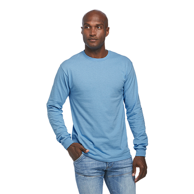 man wearing blue long sleeve blank tee shirt delta pro weight style 61748