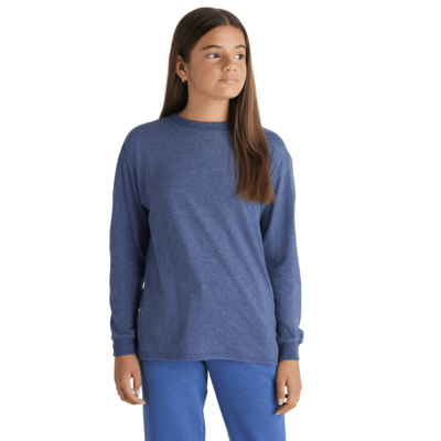 girl wearing long sleeve blank tee shirt delta apparel wholesale style 64900L