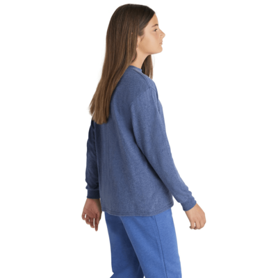 girl wearing blue long sleeve blank tee shirt delta apparel wholesale style 64900L