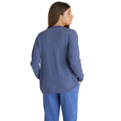 girl wearing long sleeve blank tee shirt delta apparel wholesale style 64900L