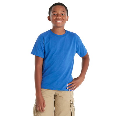 boy wearing delta apparel style 65950 youth short sleeve tee shirt in royal