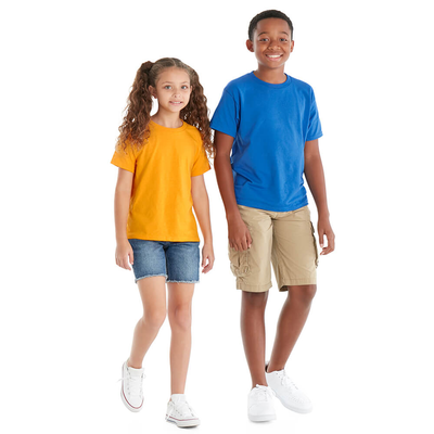 girl and boy wearing delta apparel style 65950 youth short sleeve tee shirts