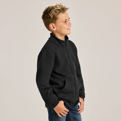 boy facing side wearing full zip mock neck sweatshirt 9310B