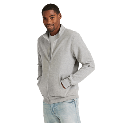 man facing front wearing an oxford full zip fleece sweatshirt with hands in front pockets 9310M
