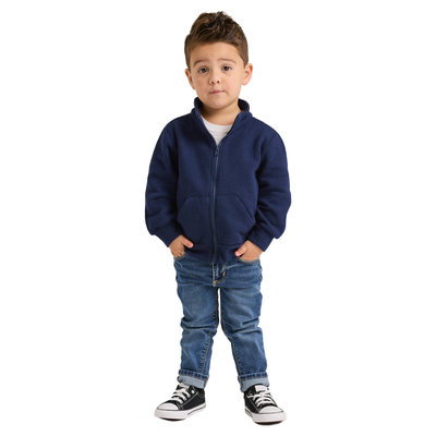 young boy wearing a navy full zip fleece sweatshirt 9310T