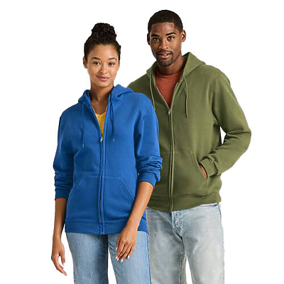 Man and woman wearing the soffe appare style 9377 wholesale fleece zip hoodies