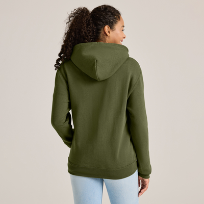 woman facing backward wearing green classic hooded sweatshirt 9388