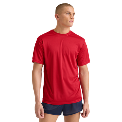 man facing front wearing a red performace crew neck short sleeve shirt 995a