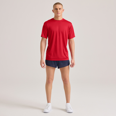 man facing front wearing a red performace crew neck short sleeve shirt 995a fullbody