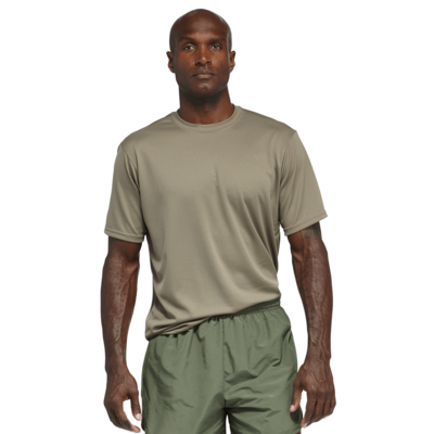 man facing front wearing a tan crew neck short sleeve shirt
