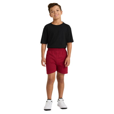 boy wearing black shirt and red youth heavyweight 50/50 shorts B035