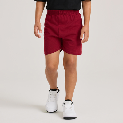 boy wearing black shirt and red youth heavyweight 50/50 shorts B035 front