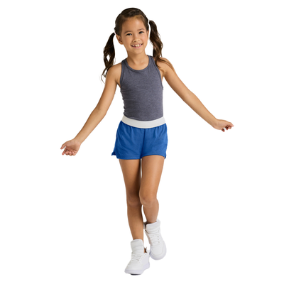 girl facing forward wearing blue authentic short and grey tank b037