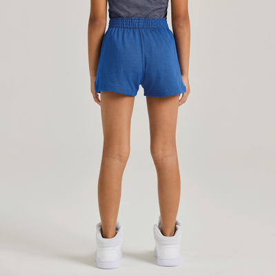 girl facing backward wearing blue authentic short and grey tank b037