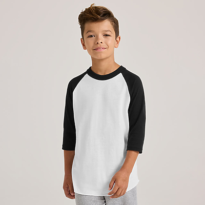 boy facing forward wearing a black and white youth classic baseball jersey b209 neckline