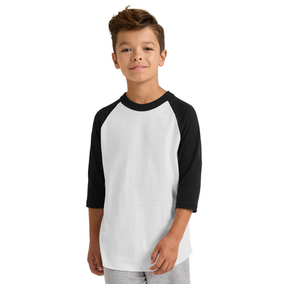 boy facing forward wearing a black and white youth classic baseball jersey b209