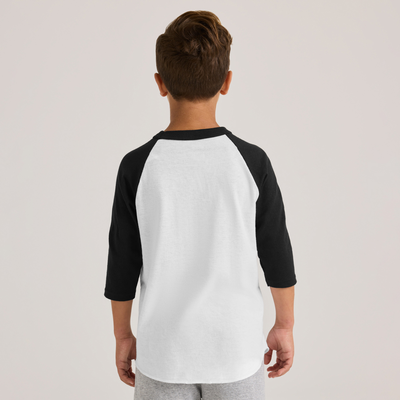 boy facing backward wearing a black and white youth classic baseball jersey b209