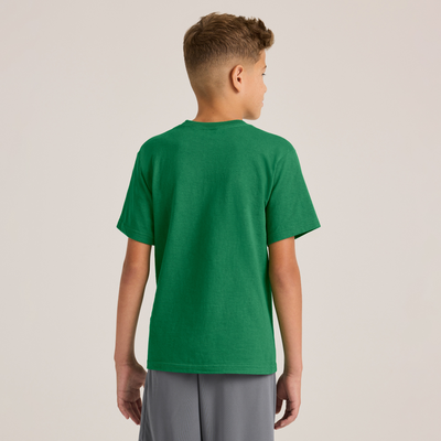 boy facing backward wearing youth midweight cotton shirt B345