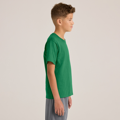 boy facing side wearing youth midweight cotton shirt B345