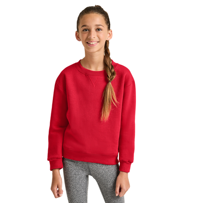 girl facing forward wearing red youth crewneck sweatshirt and grey leggings B9001